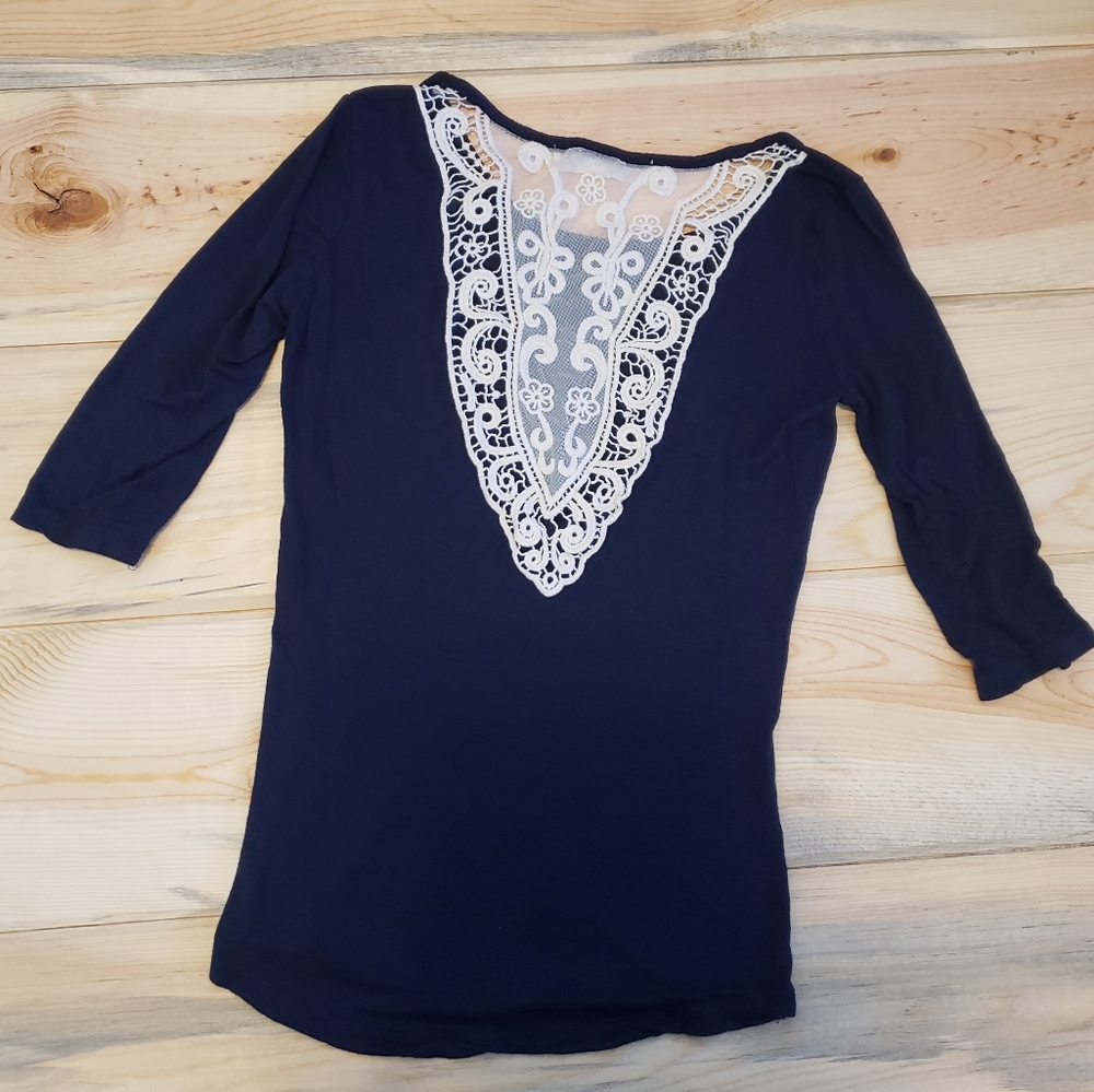 PINK ROSE blue and lace 3/4 sleeve top